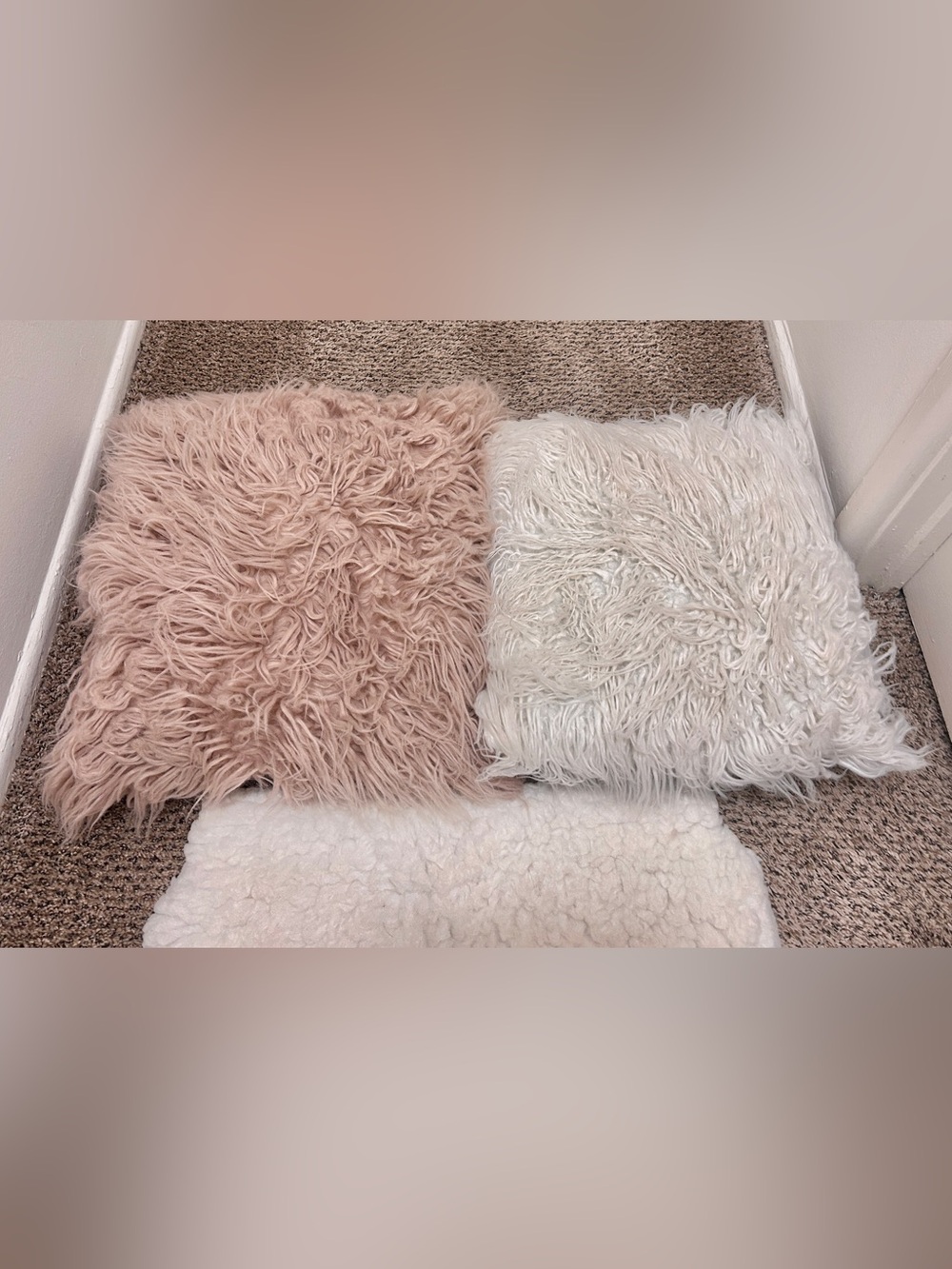 Pink & White Plush Mongolian Faux Fur Shag Accent Throw Pillows